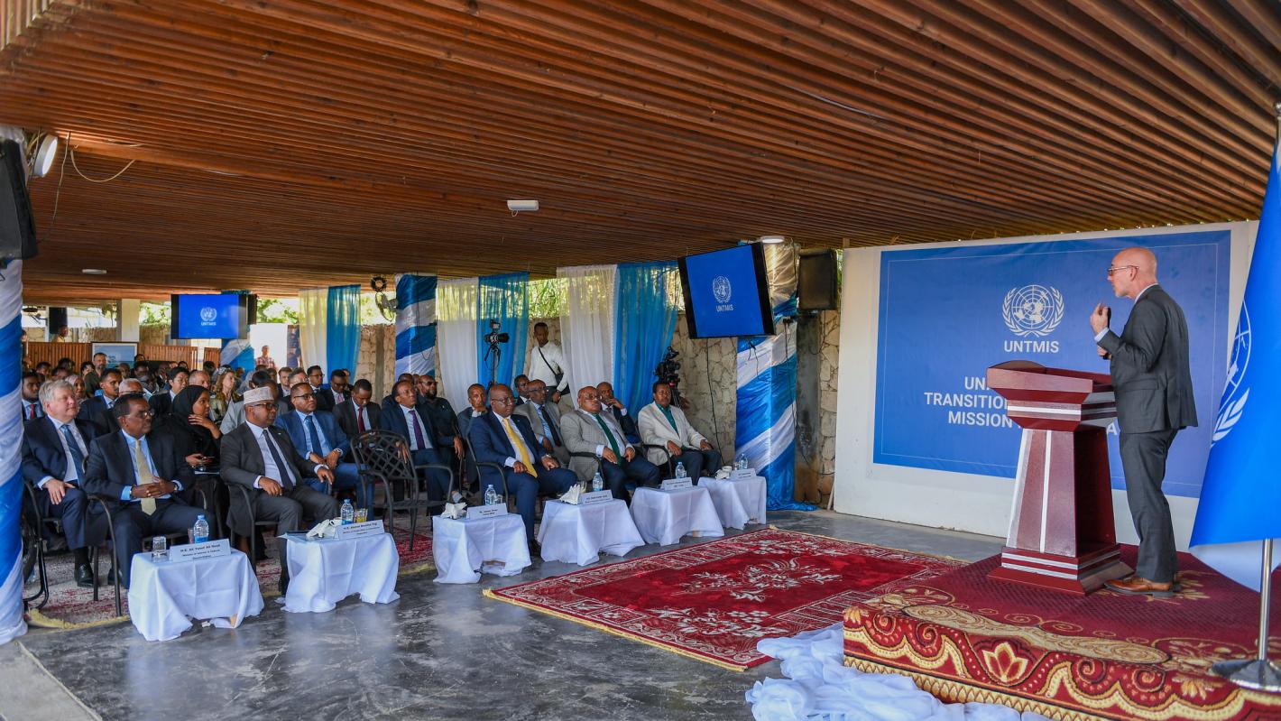 A photo of UN Special Represenative James Swan delivering his remarks at the official launch of UNTMIS