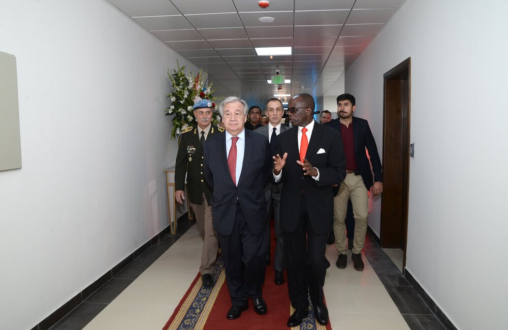 The SG Mr. António Guterres being taken around the new Office building by the Chief of Mission Support (CMS) Mr. Nester Odaga-Jalomayo, The Head of Mission and Chief Military Observer (HoM / CMO) Major. Gen Jose Eladio Alcain and the Resident Coordinator (RC) Mr. Julien Harneis are behind.