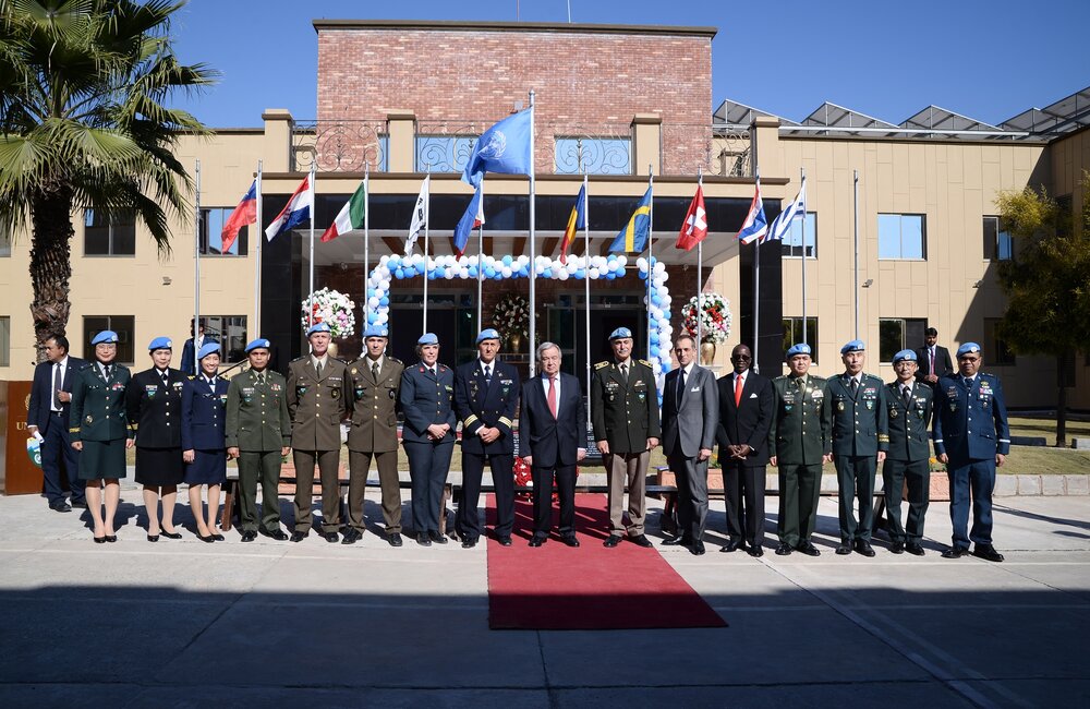 The SG Mr. António Guterres posing for photograph with some of the UNMOs. Also in the photograph are the Head of Mission and Chief Military Observer (HoM / CMO) Major. Gen Jose Eladio Alcain, the Chief of Mission Support (CMS) Mr. Nester Odaga-Jalomayo and the Resident Coordinator Mr. Julien Harneis.
